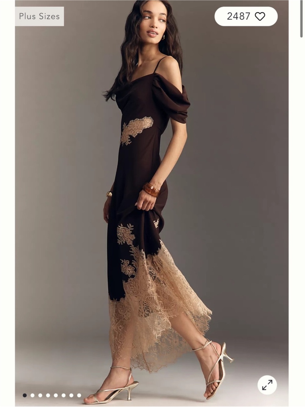 Anthropologie Bl-nk Satin Off-Shoulder Lace Midi Dress X-Large Chocolate Brown